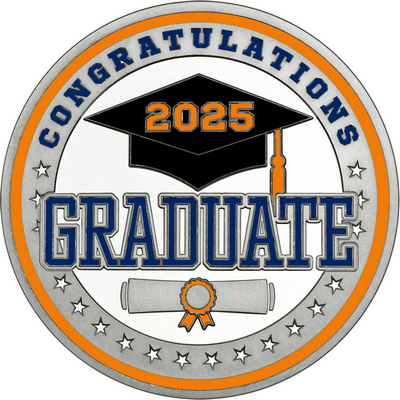 Navy Blue "Congratulations Graduate" with Orange 2025, Rim, Tassel & Ribbon